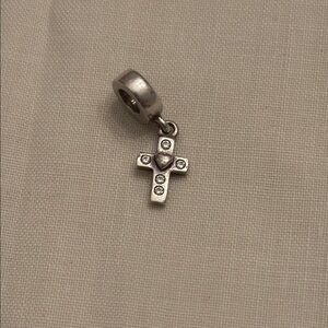 Pandora Silver Cross Charm with Heart and Crystals